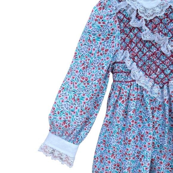 Vtg Polly Flinders Delicate Floral Long Sleeve Dress Diamond  Smocked Lace Sz 3T - Picture 7 of 15